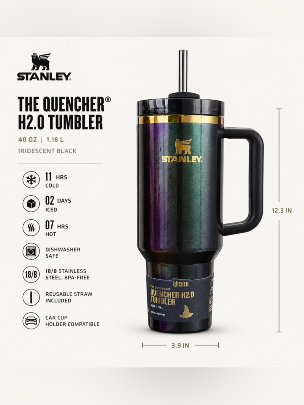 Stanley H2.0 40 oz Tumbler – Wicked Elphaba Green Ombre, Handle & Straw